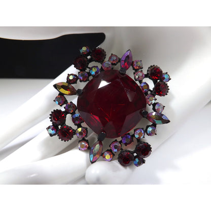 Red Large Rhinestone Aurora Borealis Brooch, Japanned Black Enamel, 1970s Vintage Jewelry