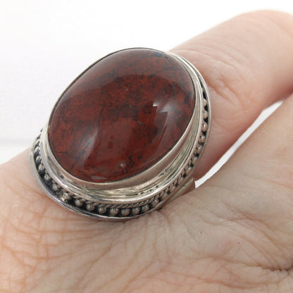 Meran Indonesia Sterling Silver Ring, Large Red Gemstone, Vintage Size 7, 925