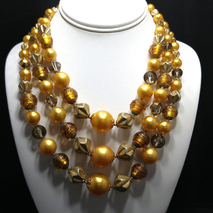 Vintage 1950s Gold Glass Bead Necklace, 3 Strand Mid-Century Statement Jewelry
