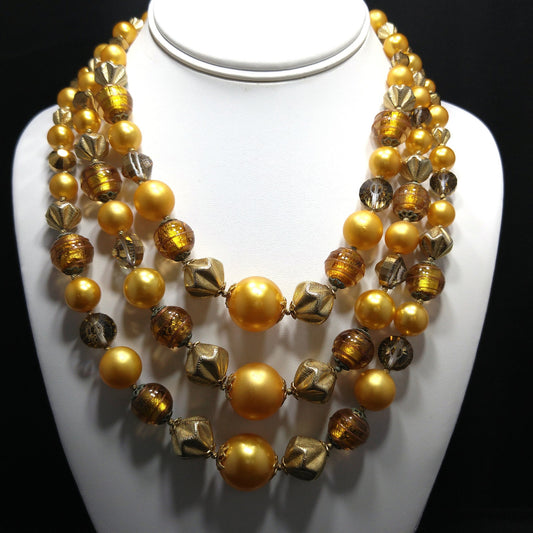 Vintage 1950s Gold Glass Bead Necklace, 3 Strand Mid-Century Statement Jewelry