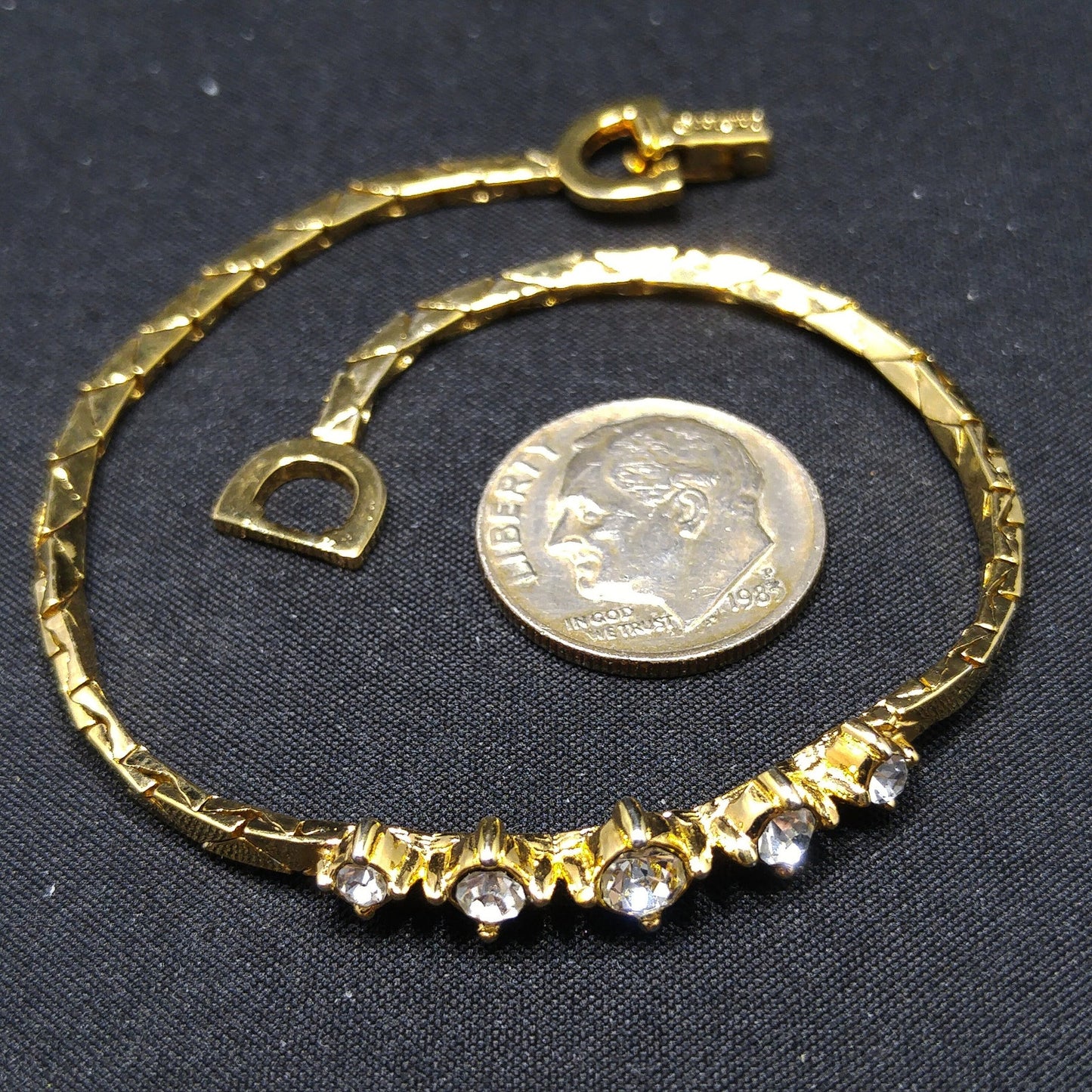 Christian Dior Clear Rhinestone Bracelet, Gold Plated, Triangle Chain, 1980s Vintage Jewelry