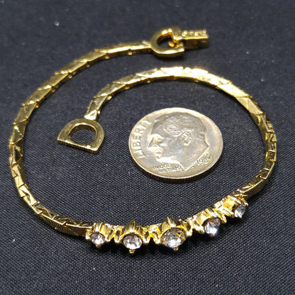 Christian Dior Clear Rhinestone Bracelet, Gold Plated, Triangle Chain, 1980s Vintage Jewelry