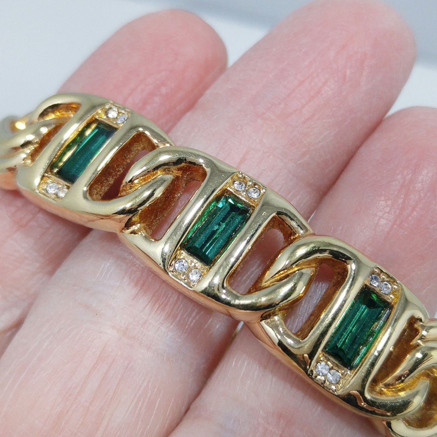 Vintage Swarovski Gold Bracelet – Green & Clear Rhinestones, Swan Logo, 1980s