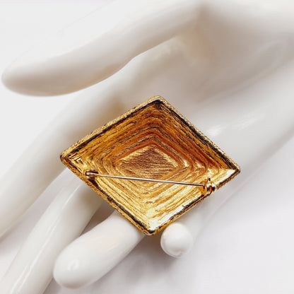 Vintage Rhinestone Faux Pearl Diamond Shaped Brooch Gold Tone Pin - 2 1/4 Inches