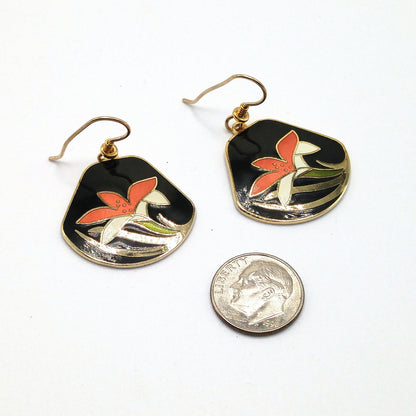 Vintage Laurel Burch Orange Lily Earrings, Cloisonne Enamel, Gold Plated, 1980s