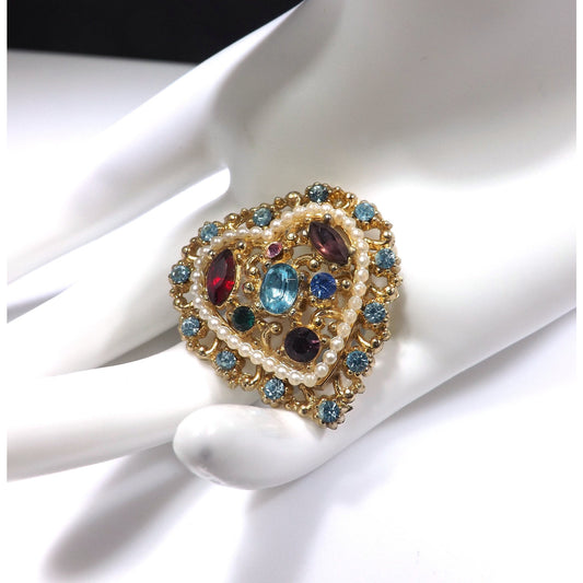 1940s Heart Rhinestone Brooch, Faux Pearls, Multicolored Rhinestones, Mid Century Vintage Jewelry