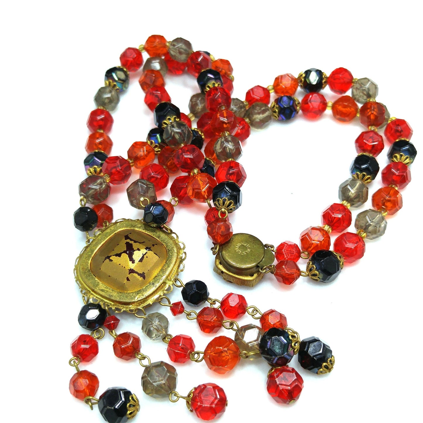 Western Germany Red Glass Pendant Necklace, Lucite Beads, 1950s Vintage Jewelry