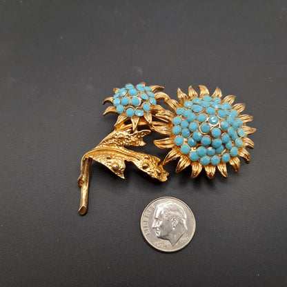 Hollycraft Gold Plated Floral Brooch, Turquoise Rhinestones, 1960s Vintage Jewelry