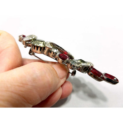 Vintage Red Rhinestone Brooch, Rhodium Plated, Ribbon Design, 1960s Vintage Jewelry