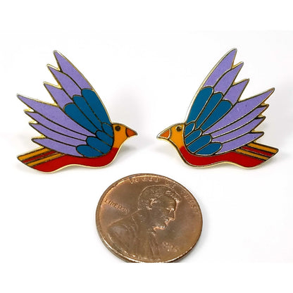 Laurel Burch "Celeste" Bird Earrings, Gold Plated Cloisonne Enamel, 1980s