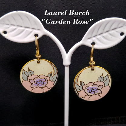 Vintage Laurel Burch "Garden Rose" Earrings, Cloisonné Gold Plated