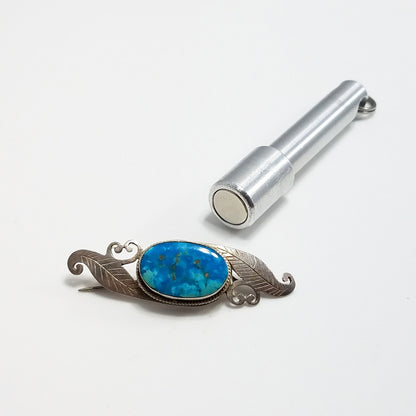 Sterling Silver Turquoise Gemstone Brooch, Bevel Set Stone, Artisan 1960s