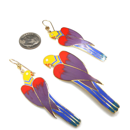 Laurel Burch Cezanne Parrot Earrings & Brooch Set, 22 KG Plated Cloisonné Enamel, 1980s Vintage Jewelry