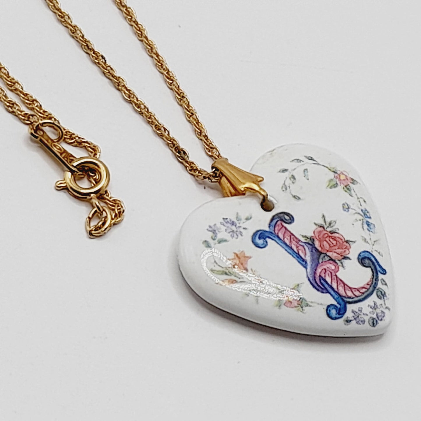 Vintage Avon Porcelain Heart “L” Initial Necklace on 24” Gold Rope Chain