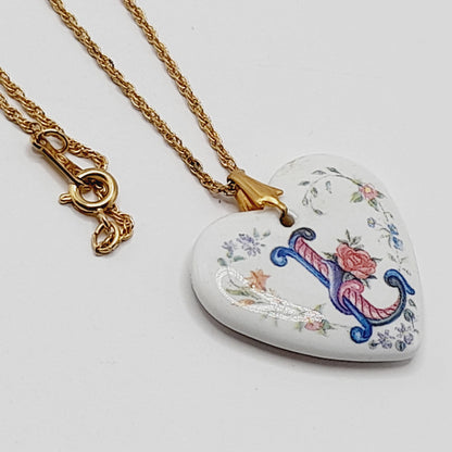 Vintage Avon Porcelain Heart “L” Initial Necklace on 24” Gold Rope Chain