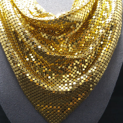 Whiting & Davis Gold Mesh Necklace, Disco Gold Plated, 1970s Vintage Necklace