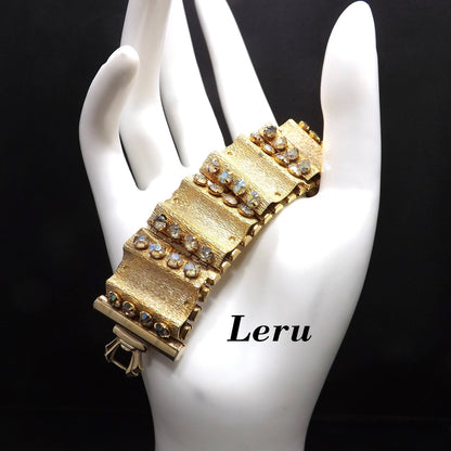 Vintage LERU Aurora Borealis Rhinestone Bracelet, Gold Plate Mid-Century, 7 1/8"