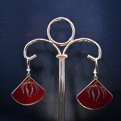 Laurel Burch "Willow Fan" Earrings, Gold Plated, Cloisonne Red Enamel, 1980s