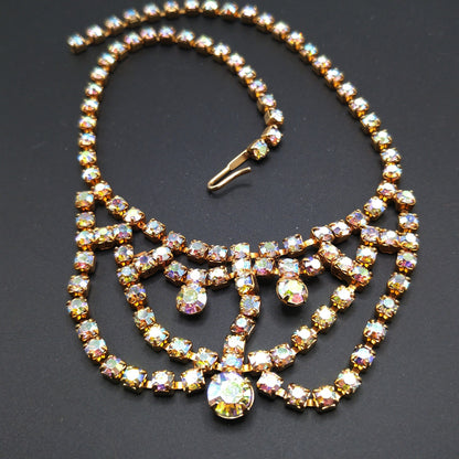 Aurora Borealis Rhinestone Choker Necklace, Gold Plated, 1960s Vintage Jewelry