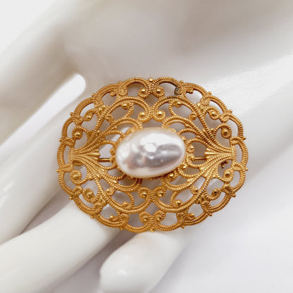 Vintage Miriam Haskell Brooch, Baroque Glass Pearl, Gold Filigree Pin, Designer Signed Jewelry, Mid Century Collectible Gift
