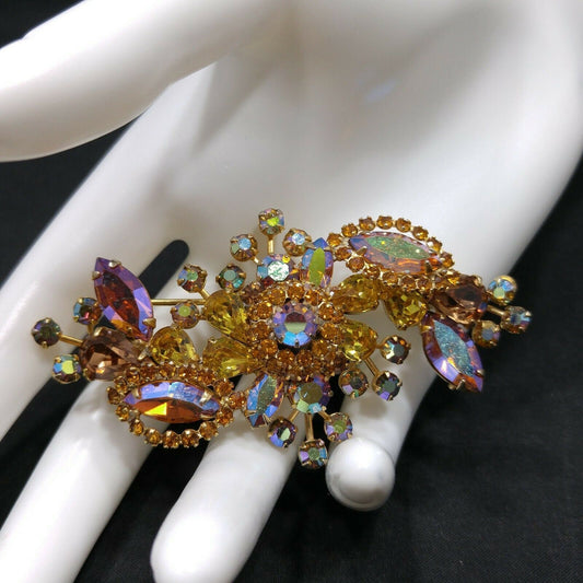 Vintage Aurora Borealis Rhinestone Floral Brooch 1960s Mid-Century Wide Pin