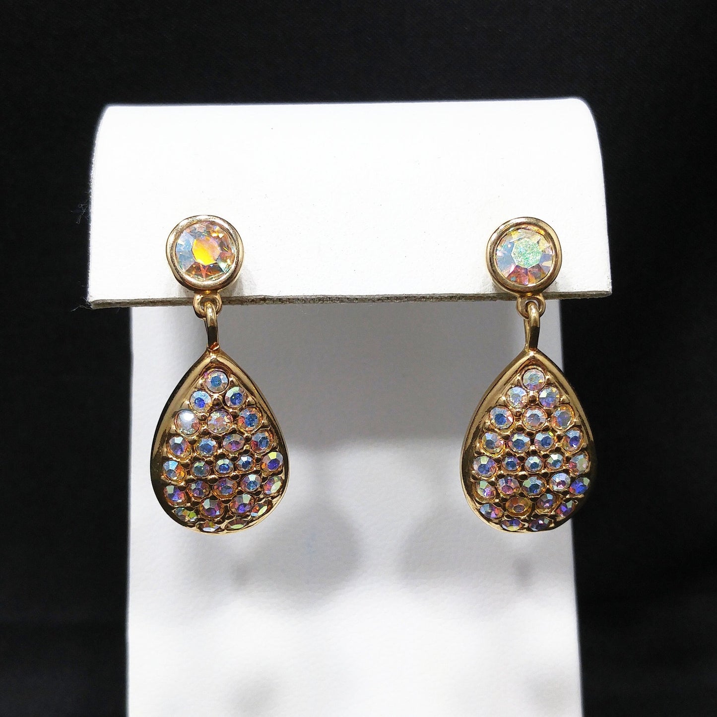 Vintage Swarovski Swan Logo Earrings – Aurora Borealis Crystal Teardrop Dangles