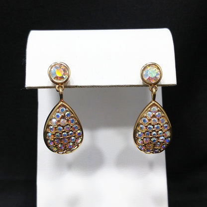 Vintage Swarovski Swan Logo Earrings – Aurora Borealis Crystal Teardrop Dangles