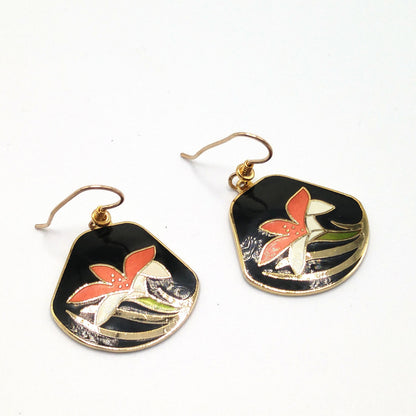 Vintage Laurel Burch Orange Lily Earrings, Cloisonne Enamel, Gold Plated, 1980s