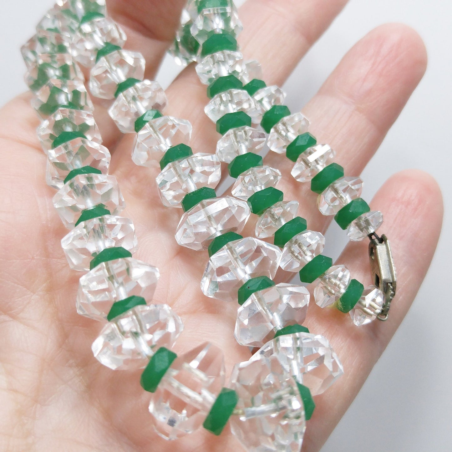 Art Deco 1920s Clear Quartz Green Glass Bead Necklace 14K Gold Filled Clasp