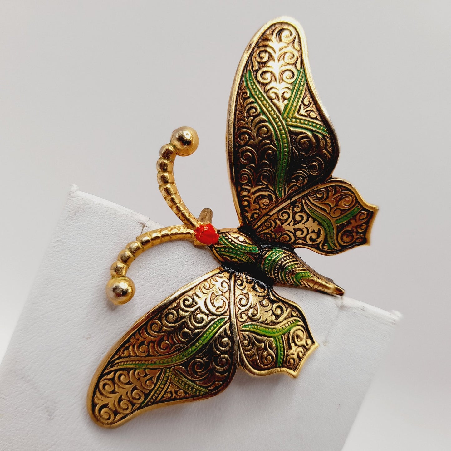 Vintage Damascene Butterfly Brooch, Gold Tone Green Black Red Enamel – 2 ¾”