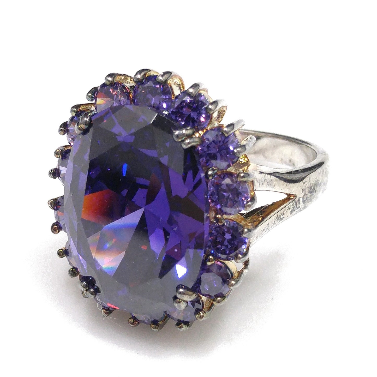 Vintage Sterling Silver Purple CZ Oval Cocktail Ring Size 9 1990s Statement