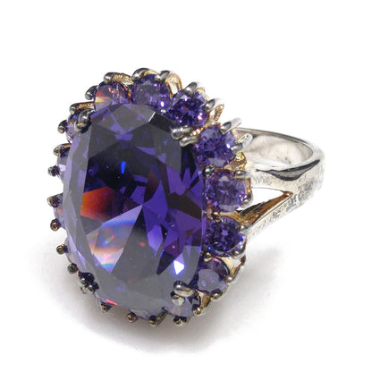 Vintage Sterling Silver Purple CZ Oval Cocktail Ring Size 9 1990s Statement