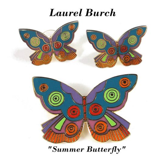 Laurel Burch "Summer Butterfly" Brooch & Earrings, Gold Plated Cloisonne' Enamel, 1980s Vintage Jewelry