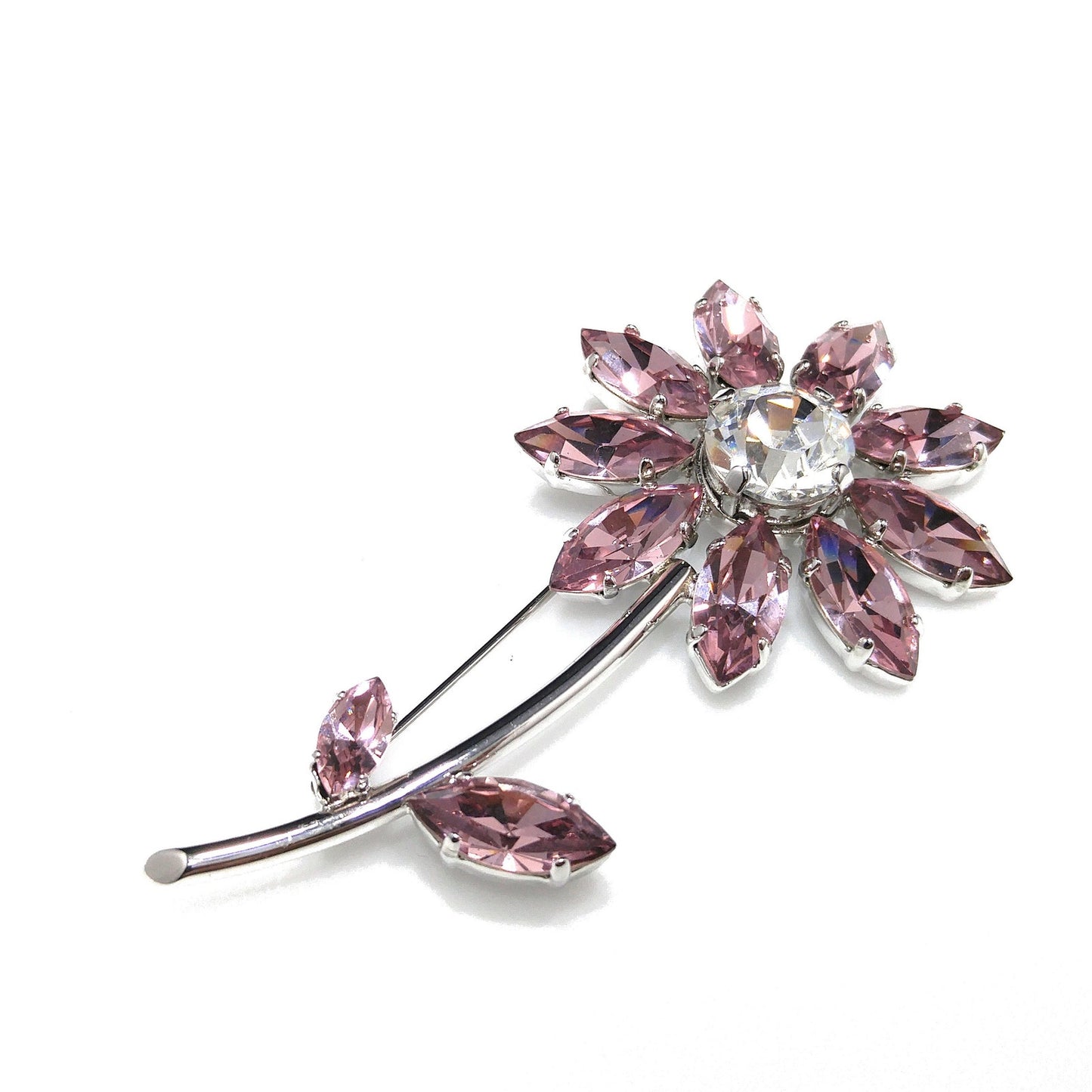 Swarovski Pink Crystal Flower Brooch, Clear Center, Swan Logo
