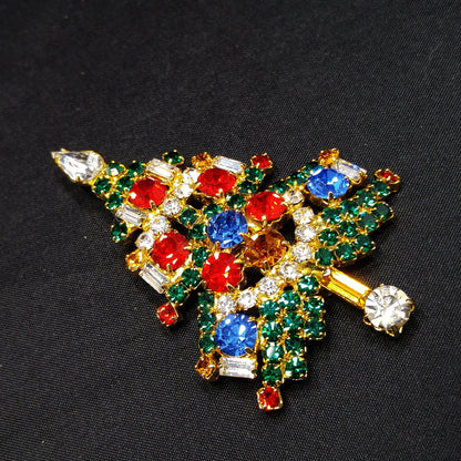 OTC Rhinestone Christmas Tree Brooch, Gold Plated, 1960s Vintage Holiday Jewelry