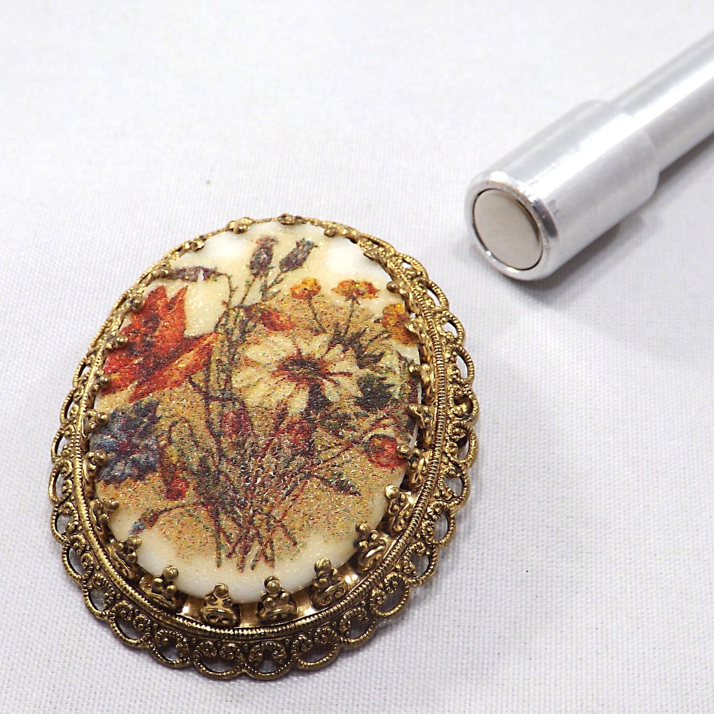 West Germany Sugar Glass Floral Brooch, Filigree Back, 1960s Vintage Jewelry