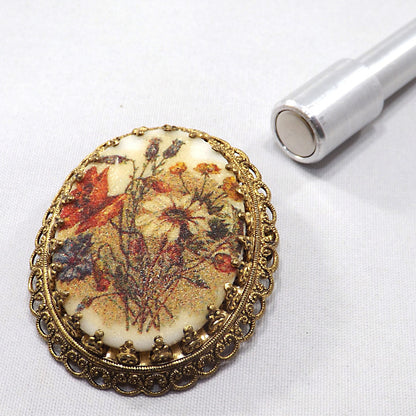 West Germany Sugar Glass Floral Brooch, Filigree Back, 1960s Vintage Jewelry