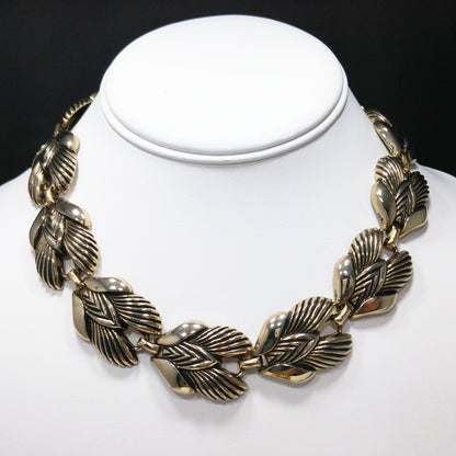 Vintage 1960s Gold Tone Leaf Link Necklace Bracelet Set Mid Century Unsigned
