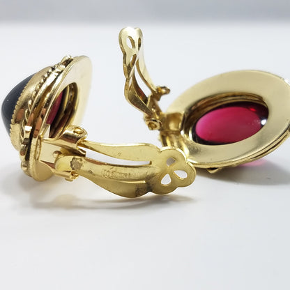 Vintage Whiting & Davis Co Red Gold Clip Earrings 1960s Gold Tone, Red Cabochon