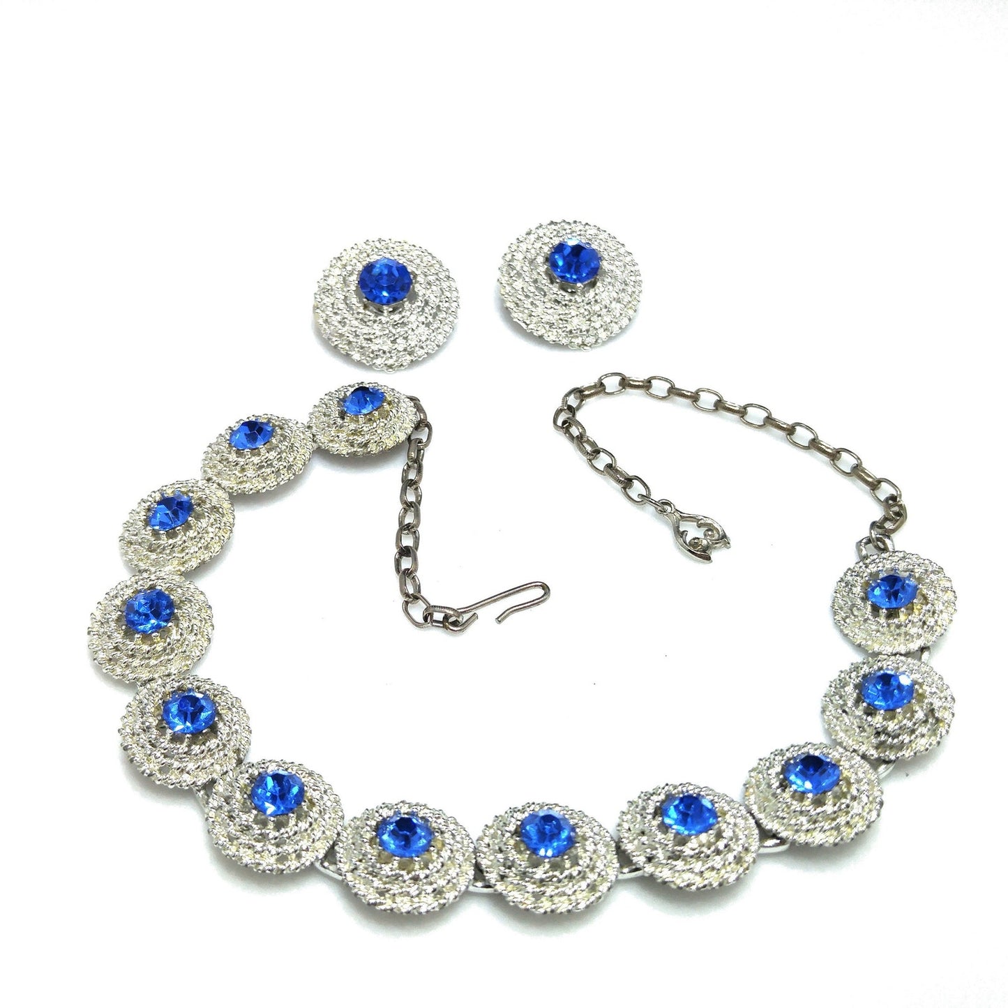 Blue Rhinestone Necklace Clip Earrings, Rhodium Plated Links, 1950s Vintage Jewelry