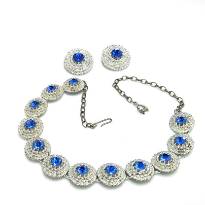 Blue Rhinestone Necklace Clip Earrings, Rhodium Plated Links, 1950s Vintage Jewelry