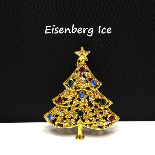 Vintage Eisenberg Ice Christmas Tree Brooch – Gold Plated, Multicolor Rhinestones, 1970s