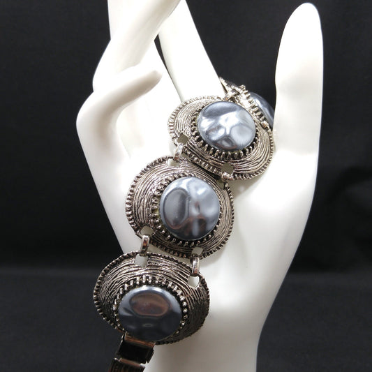 Mid-century Silver Chunky Five Link Bracelet, Gold Plated, Blue Lucite Metallic Pearled, 1960s Vintage Jewelry