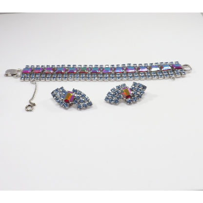 Vintage Rhinestone Bracelet Earring Set, Red Aurora Borealis Emerald Cut
