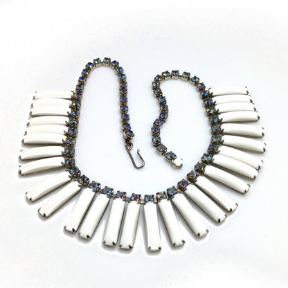 White Lucite Blue Aurora Borealis Rhinestones Necklace, Egyptian Revival Mid-Century, 1960s Vintage Jewelry