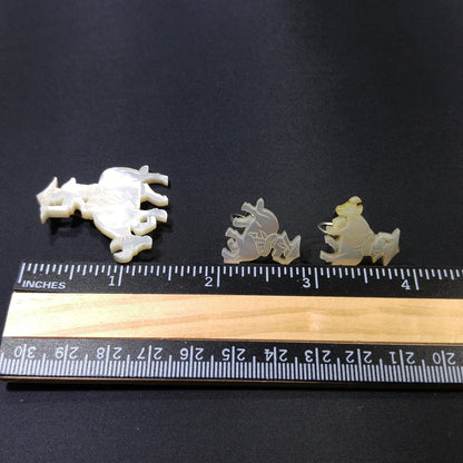 Vintage Carved Mother of Pearl Brooch & Earrings, Asian Design, 1940s