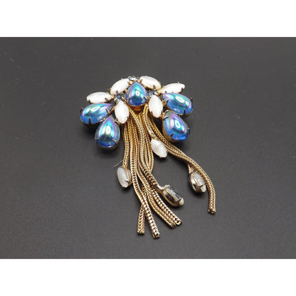 Iridescent Blue Gold Plated Fringe Brooch, White Art Glass Stones, 1960s Vintage Jewelry