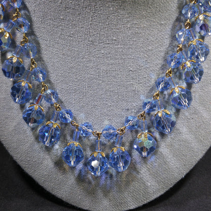 Blue Crystal Dangling Necklace, Light Blue Faceted Beads, 1960s Vintage Jewelry