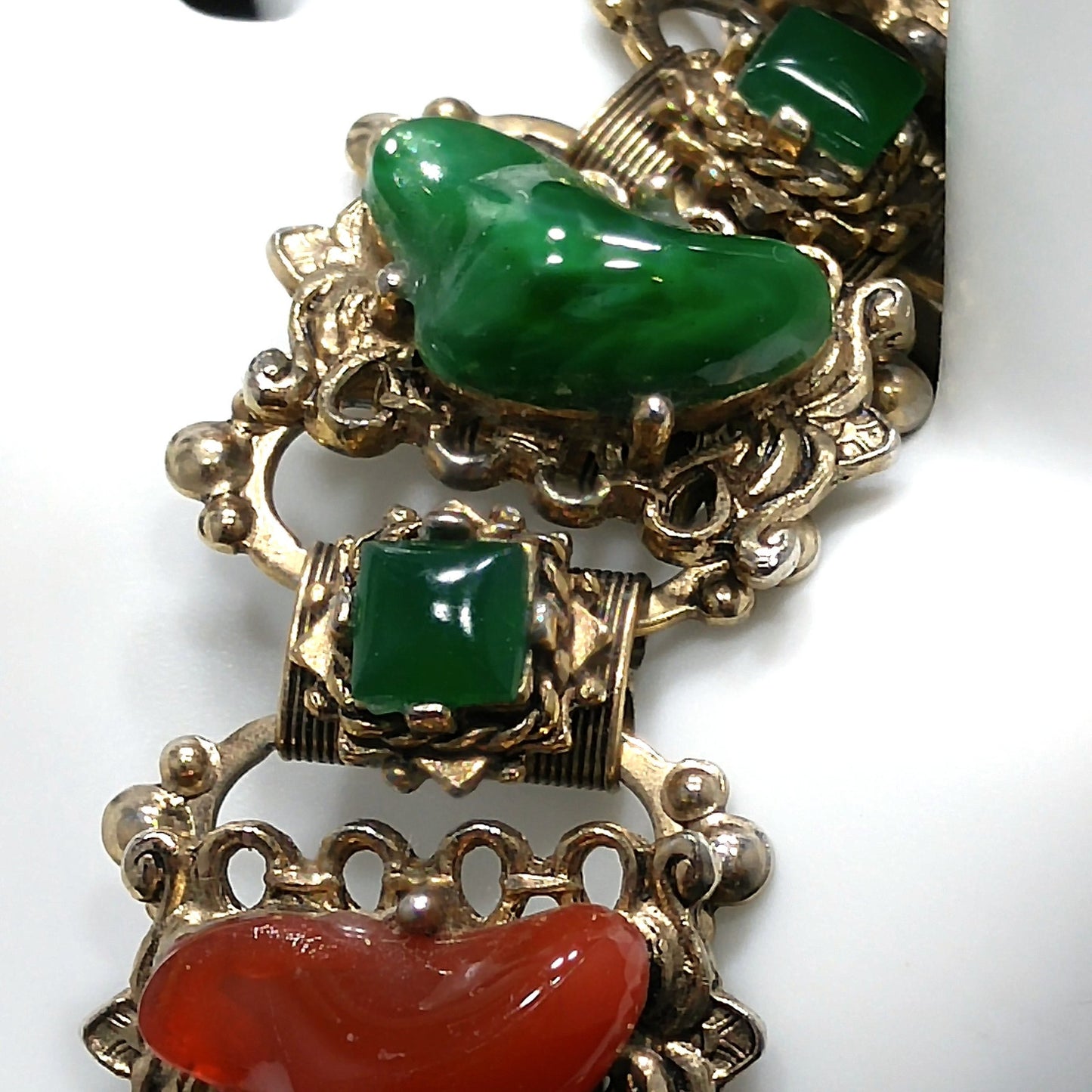 Vintage Book Chain Glass Links Bracelet, Green Red Brown White Glass, 1950s Vintage Jewelry