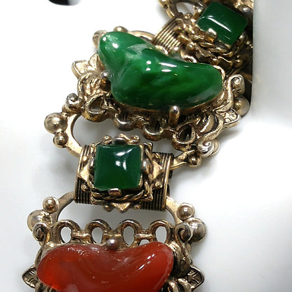 Vintage Book Chain Glass Links Bracelet, Green Red Brown White Glass, 1950s Vintage Jewelry
